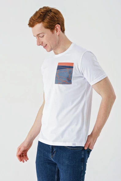 Beyaz Baskılı Bez Ayağı Bisiklet Yaka %100 Pamuk Casual Slim Fit Dar Kesim Tişört 1011240169 - Resim 5