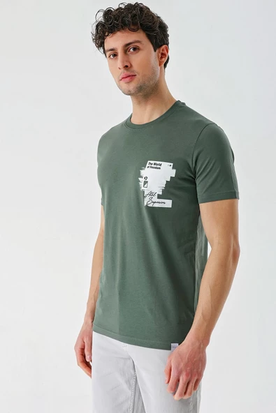 Koyu Haki Baskılı Bez Ayağı Bisiklet Yaka %100 Pamuk Casual Slim Fit Dar Kesim Tişört 1011240166 - Resim 2