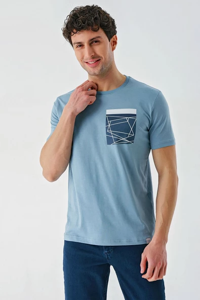 Koyu Mavi Baskılı Bez Ayağı Bisiklet Yaka %100 Pamuk Casual Slim Fit Dar Kesim Tişört 1011240169 - Resim 3