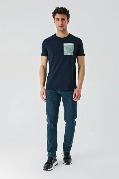 Koyu Lacivert Baskılı Bisiklet Yaka Casual Slim Fit Tişört 1011240169 - Resim 4