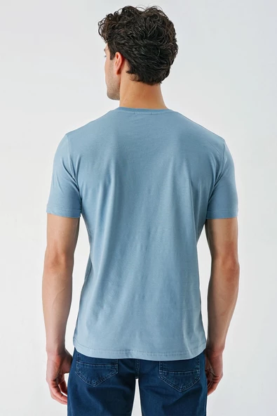 Koyu Mavi Baskılı Bez Ayağı Bisiklet Yaka %100 Pamuk Casual Slim Fit Dar Kesim Tişört 1011240169 - Resim 7