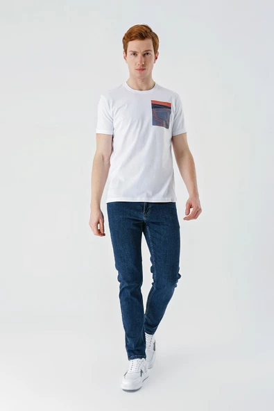 Beyaz Baskılı Bez Ayağı Bisiklet Yaka %100 Pamuk Casual Slim Fit Dar Kesim Tişört 1011240169 - Resim 7