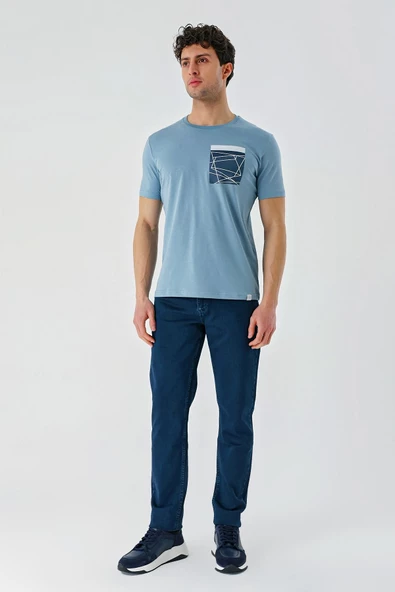 Koyu Mavi Baskılı Bez Ayağı Bisiklet Yaka %100 Pamuk Casual Slim Fit Dar Kesim Tişört 1011240169 - Resim 5