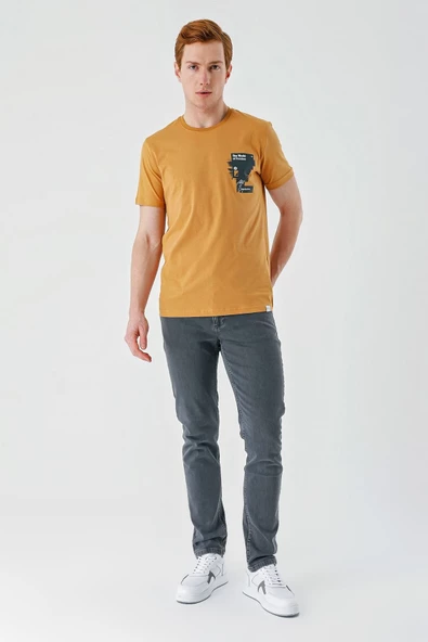 Hardal Baskılı Bez Ayağı Bisiklet Yaka %100 Pamuk Casual Slim Fit Dar Kesim Tişört 1011240166 - Resim 7