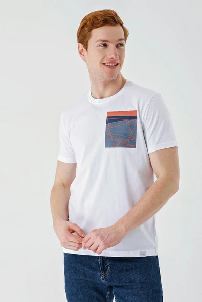 Beyaz Baskılı Bez Ayağı Bisiklet Yaka %100 Pamuk Casual Slim Fit Dar Kesim Tişört 1011240169 - Resim 3