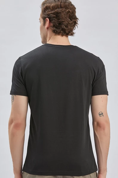 Siyah Baskılı Bez Ayağı Bisiklet Yaka %100 Pamuk Casual Slim Fit Dar Kesim Tişört 1011240167 - 5