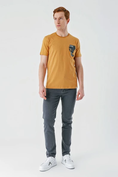 Hardal Baskılı Bez Ayağı Bisiklet Yaka %100 Pamuk Casual Slim Fit Dar Kesim Tişört 1011240166 - Resim 6
