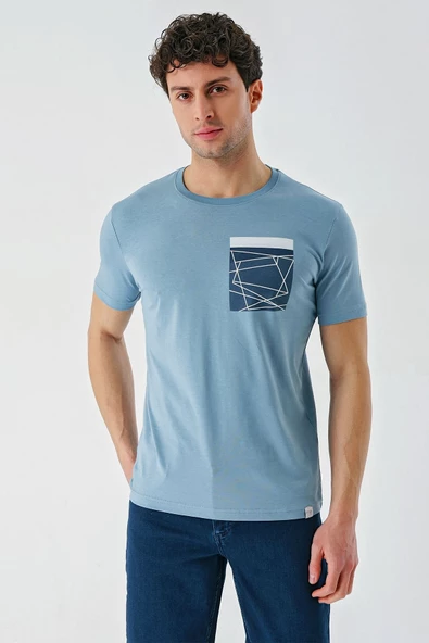 Koyu Mavi Baskılı Bez Ayağı Bisiklet Yaka %100 Pamuk Casual Slim Fit Dar Kesim Tişört 1011240169 - Resim 2