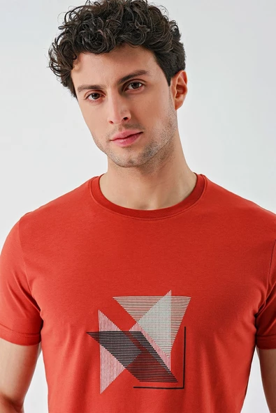 Tarçın Baskılı Bez Ayağı Bisiklet Yaka %100 Pamuk Casual Slim Fit Dar Kesim Tişört 1011240168 - 7