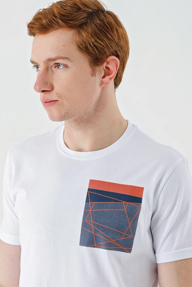 Beyaz Baskılı Bez Ayağı Bisiklet Yaka %100 Pamuk Casual Slim Fit Dar Kesim Tişört 1011240169 - Resim 4