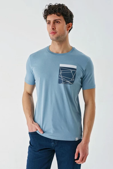 Koyu Mavi Baskılı Bez Ayağı Bisiklet Yaka %100 Pamuk Casual Slim Fit Dar Kesim Tişört 1011240169