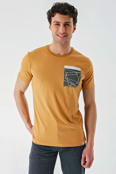 Hardal Baskılı Bez Ayağı Bisiklet Yaka %100 Pamuk Casual Slim Fit Dar Kesim Tişört 1011240169 - 3