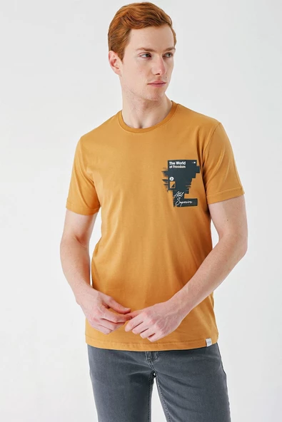 Hardal Baskılı Bez Ayağı Bisiklet Yaka %100 Pamuk Casual Slim Fit Dar Kesim Tişört 1011240166 - Resim 3