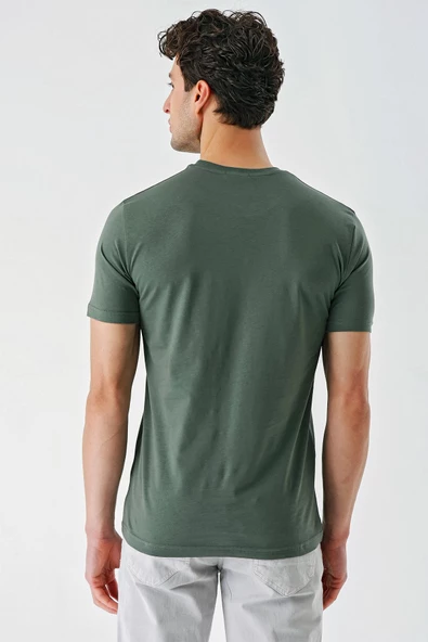 Koyu Haki Baskılı Bez Ayağı Bisiklet Yaka %100 Pamuk Casual Slim Fit Dar Kesim Tişört 1011240166 - Resim 7