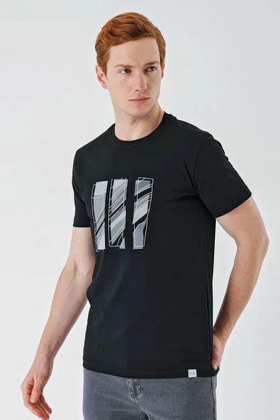 Siyah Baskılı Bez Ayağı Bisiklet Yaka %100 Pamuk Casual Slim Fit Dar Kesim Tişört 1011240165 - 3