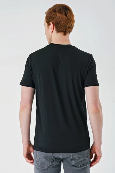 Siyah Baskılı Bez Ayağı Bisiklet Yaka %100 Pamuk Casual Slim Fit Dar Kesim Tişört 1011240165 - 2