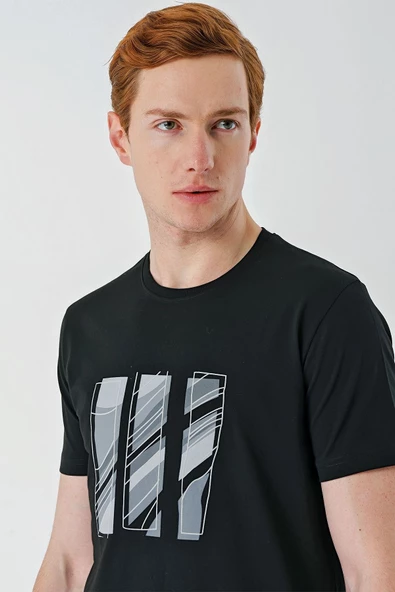 Siyah Baskılı Bez Ayağı Bisiklet Yaka %100 Pamuk Casual Slim Fit Dar Kesim Tişört 1011240165 - 6