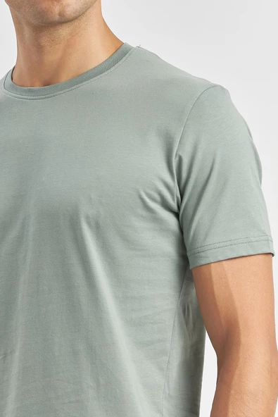 Yeşil Kısa Kol Düz Bez Ayağı Bisiklet Yaka Casual Slim Fit Tişört 1011240193 - Resim 5