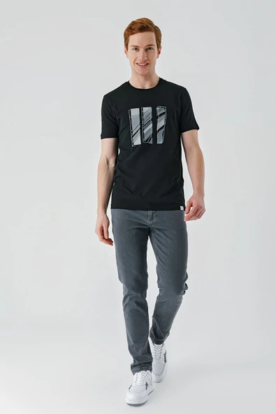 Siyah Baskılı Bez Ayağı Bisiklet Yaka %100 Pamuk Casual Slim Fit Dar Kesim Tişört 1011240165 - 5