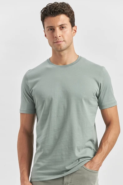 Yeşil Kısa Kol Düz Bez Ayağı Bisiklet Yaka Casual Slim Fit Tişört 1011240193 - Resim 4