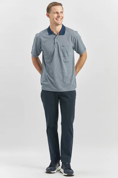 Koyu Lacivert Kısa Kol Kendinden Desenli Jakarlı Polo Yaka Classic Comfort Fit Tişört 1011240190 - Resim 4