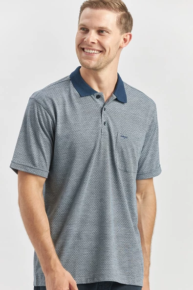 Koyu Lacivert Kısa Kol Kendinden Desenli Jakarlı Polo Yaka Classic Comfort Fit Tişört 1011240190 - Resim 2