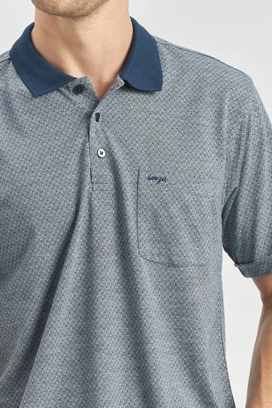 Koyu Lacivert Kısa Kol Kendinden Desenli Jakarlı Polo Yaka Classic Comfort Fit Tişört 1011240190 - Resim 3