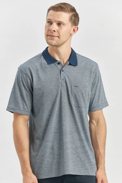 Koyu Lacivert Kısa Kol Kendinden Desenli Jakarlı Polo Yaka Classic Comfort Fit Tişört 1011240190 ürün görseli 1