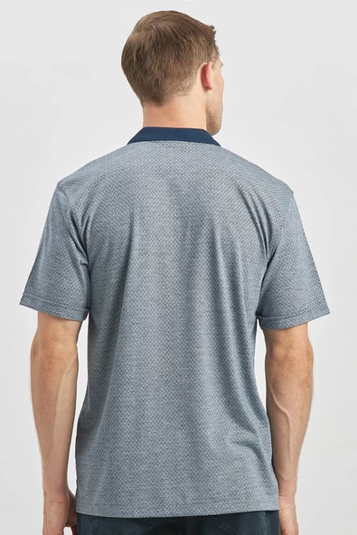 Koyu Lacivert Kısa Kol Kendinden Desenli Jakarlı Polo Yaka Classic Comfort Fit Tişört 1011240190 - Resim 6