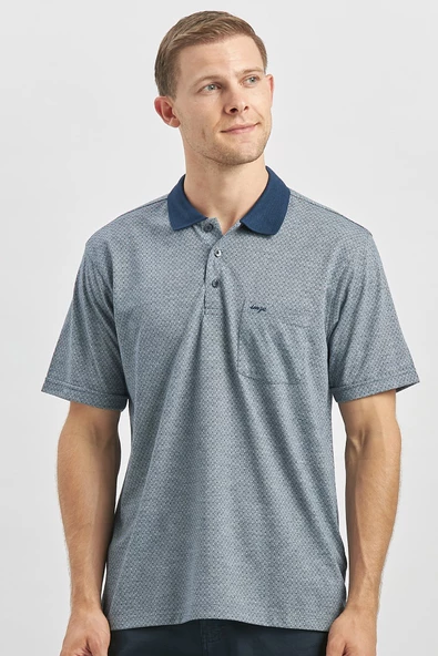 Koyu Lacivert Kısa Kol Kendinden Desenli Jakarlı Polo Yaka Classic Comfort Fit Tişört 1011240190 - Resim 5