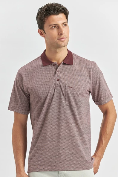 Bordo Kısa Kol Kendinden Desenli Jakarlı Polo Yaka Classic Comfort Fit Tişört 1011240190 - 2