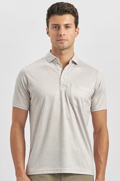 Bej Kısa Kol Kendinden Desenli Suprem Polo Yaka Classic Comfort Fit Tişört 1011240191 - 3