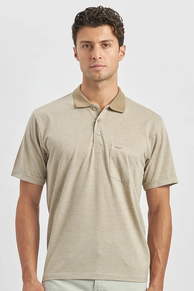 Taş Rengi Kısa Kol Kendinden Desenli Jakarlı Polo Yaka Classic Comfort Fit Tişört 1011240190 ürün görseli