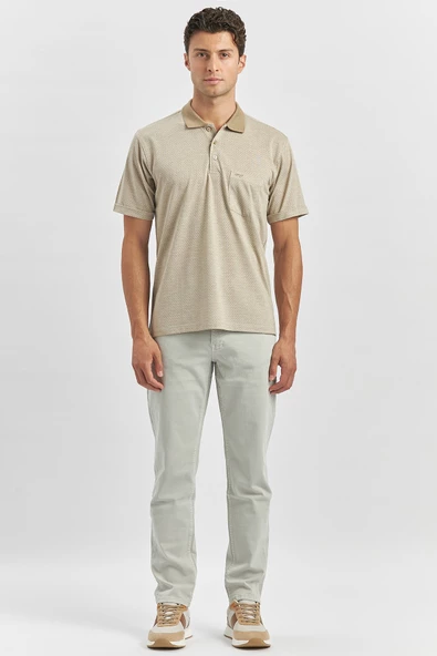 Taş Rengi Kısa Kol Kendinden Desenli Jakarlı Polo Yaka Classic Comfort Fit Tişört 1011240190 - Resim 6