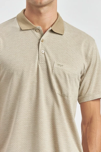 Taş Rengi Kısa Kol Kendinden Desenli Jakarlı Polo Yaka Classic Comfort Fit Tişört 1011240190 - Resim 5