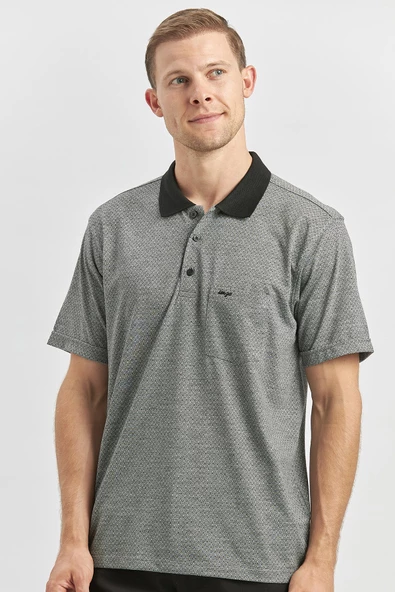 Siyah Kısa Kol Kendinden Desenli Jakarlı Polo Yaka Classic Comfort Fit Tişört 1011240190