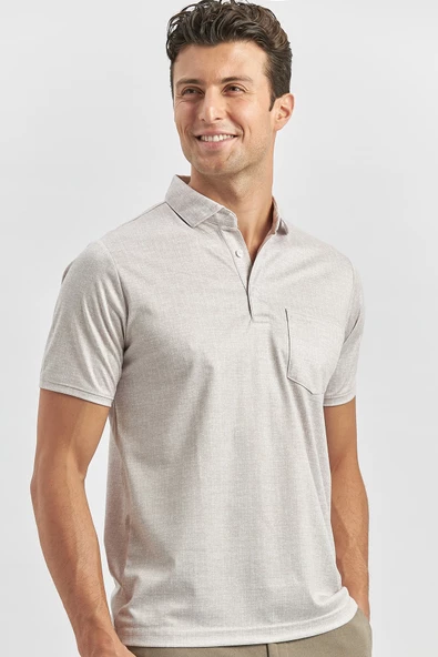 Bej Kısa Kol Kendinden Desenli Suprem Polo Yaka Classic Comfort Fit Tişört 1011240191 - 2