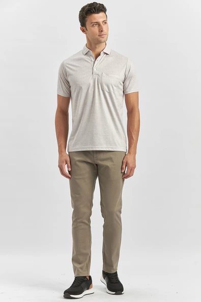 Bej Kısa Kol Kendinden Desenli Suprem Polo Yaka Classic Comfort Fit Tişört 1011240191 - 4