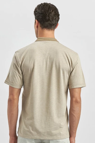 Taş Rengi Kısa Kol Kendinden Desenli Jakarlı Polo Yaka Classic Comfort Fit Tişört 1011240190 - Resim 4