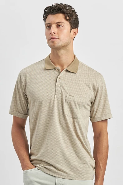 Taş Rengi Kısa Kol Kendinden Desenli Jakarlı Polo Yaka Classic Comfort Fit Tişört 1011240190 - Resim 2