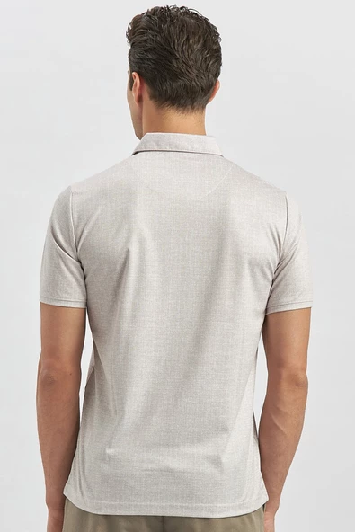 Bej Kısa Kol Kendinden Desenli Suprem Polo Yaka Classic Comfort Fit Tişört 1011240191 - 6
