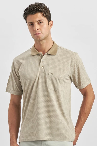 Taş Rengi Kısa Kol Kendinden Desenli Jakarlı Polo Yaka Classic Comfort Fit Tişört 1011240190 - Resim 3