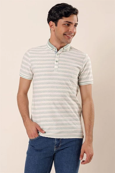 Su Yeşili Kısa Kollu Çizgili JakarlıGarnili Pamuklu Casual Slim Fit T-Shirt 1011230159