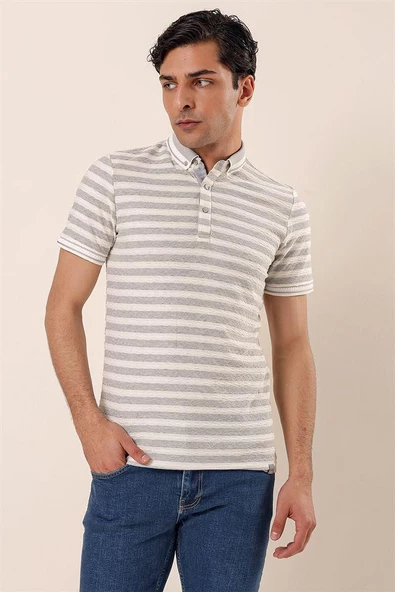 Gri Kısa Kollu Çizgili JakarlıGarnili Pamuklu Casual Slim Fit T-Shirt 1011230159