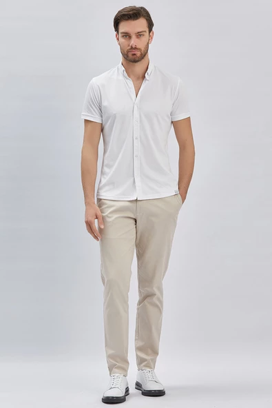 Beyaz Desenli Oxford Polo Yaka Cepli Pamuklu Casual Slim Fit Dar Kesim Tişört 1011240178