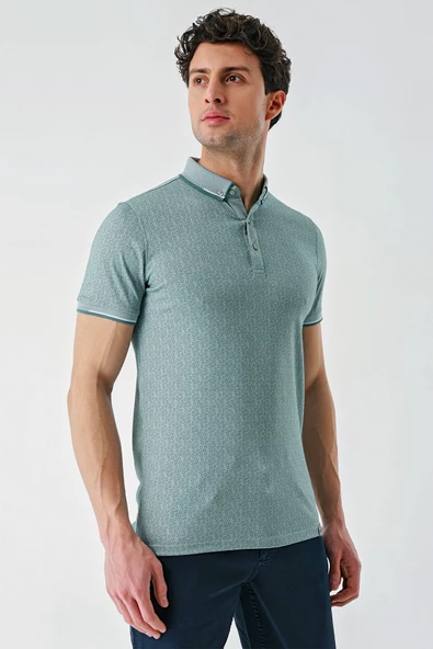 Koyu Vizon Baskılı Oxford Düğmeli Yaka Cepli Pamuklu Casual Slim Fit Dar Kesim Tişört 1011240177 - Resim 5