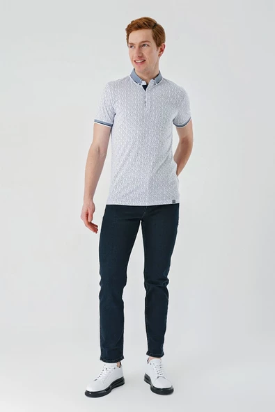 Beyaz Baskılı Oxford Düğmeli Yaka Cepli Pamuklu Casual Slim Fit Dar Kesim Tişört 1011240177 - Resim 6
