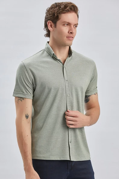 Koyu Haki Desenli Oxford Polo Yaka Cepli Pamuklu Casual Slim Fit Dar Kesim Tişört 1011240178 - 2