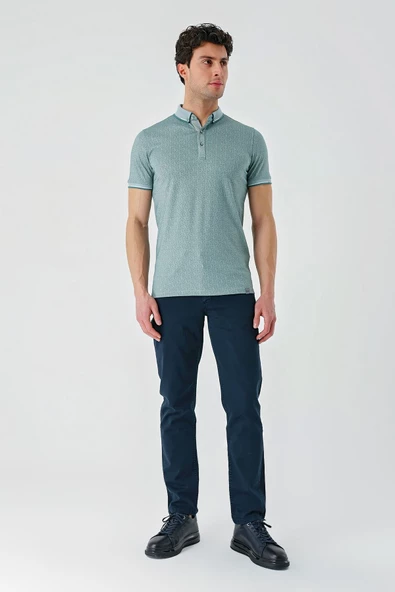 Koyu Vizon Baskılı Oxford Düğmeli Yaka Cepli Pamuklu Casual Slim Fit Dar Kesim Tişört 1011240177 - Resim 4