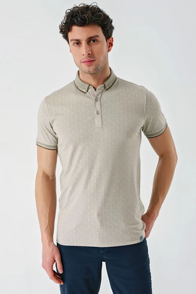 Taş Rengi Baskılı Oxford Düğmeli Yaka Cepli Pamuklu Casual Slim Fit Dar Kesim Tişört 1011240177